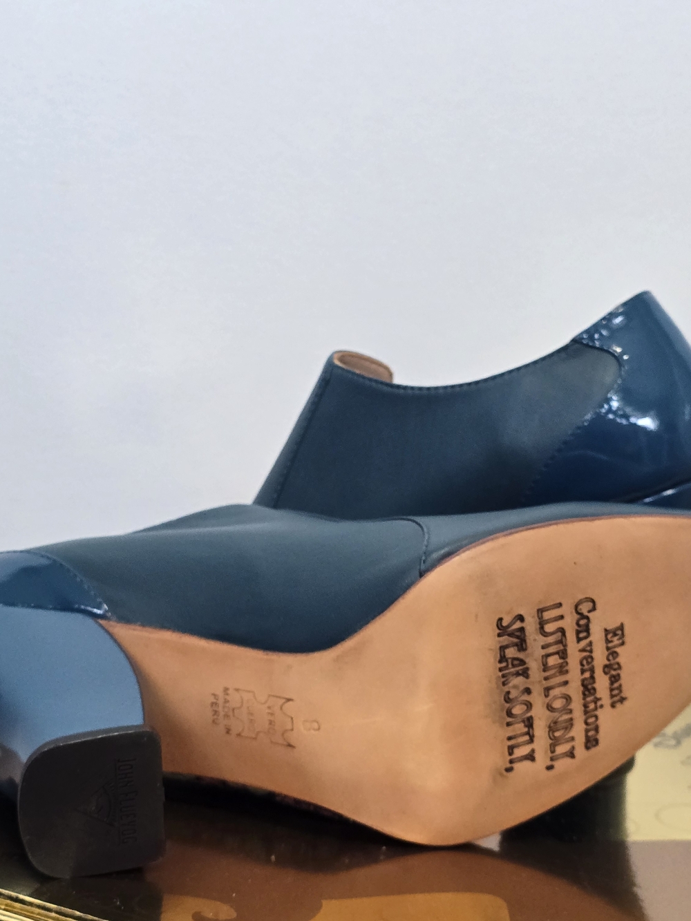 John Fluevog Teal Leather Heels with Multicolor Floral Embroidery - Picture 12 of 13